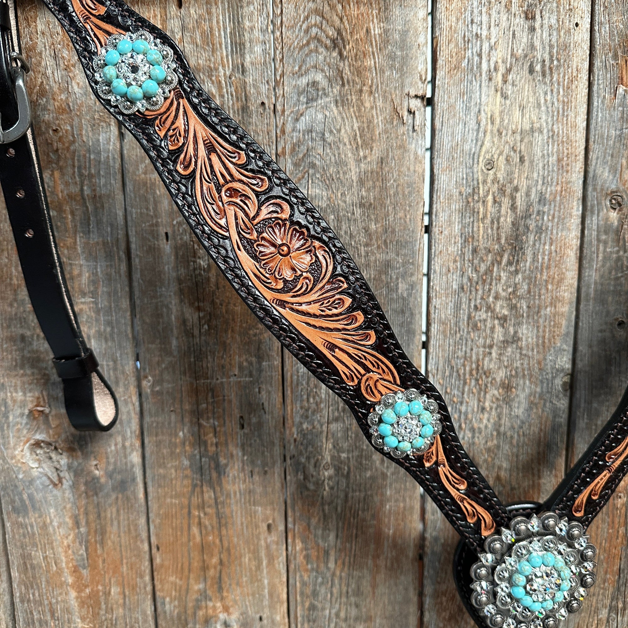 Two Tone Floral Turquoise &amp; Clear One Ear / Browband Breastcollar Tack Set 