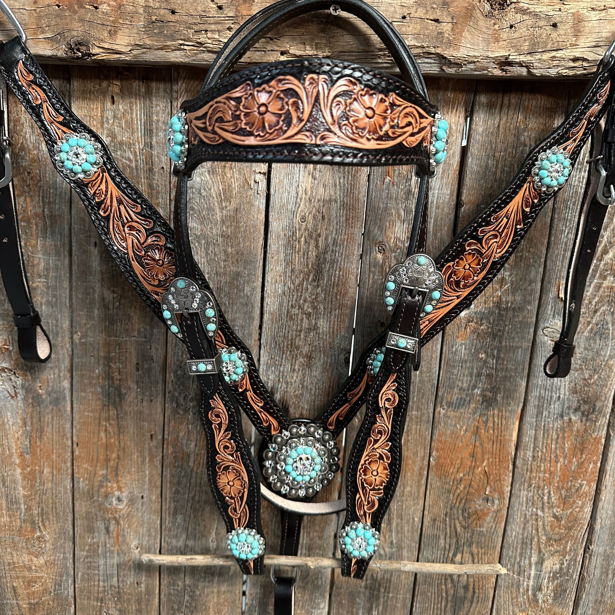 Two Tone Floral Turquoise &amp; Clear One Ear / Browband Breastcollar Tack Set 