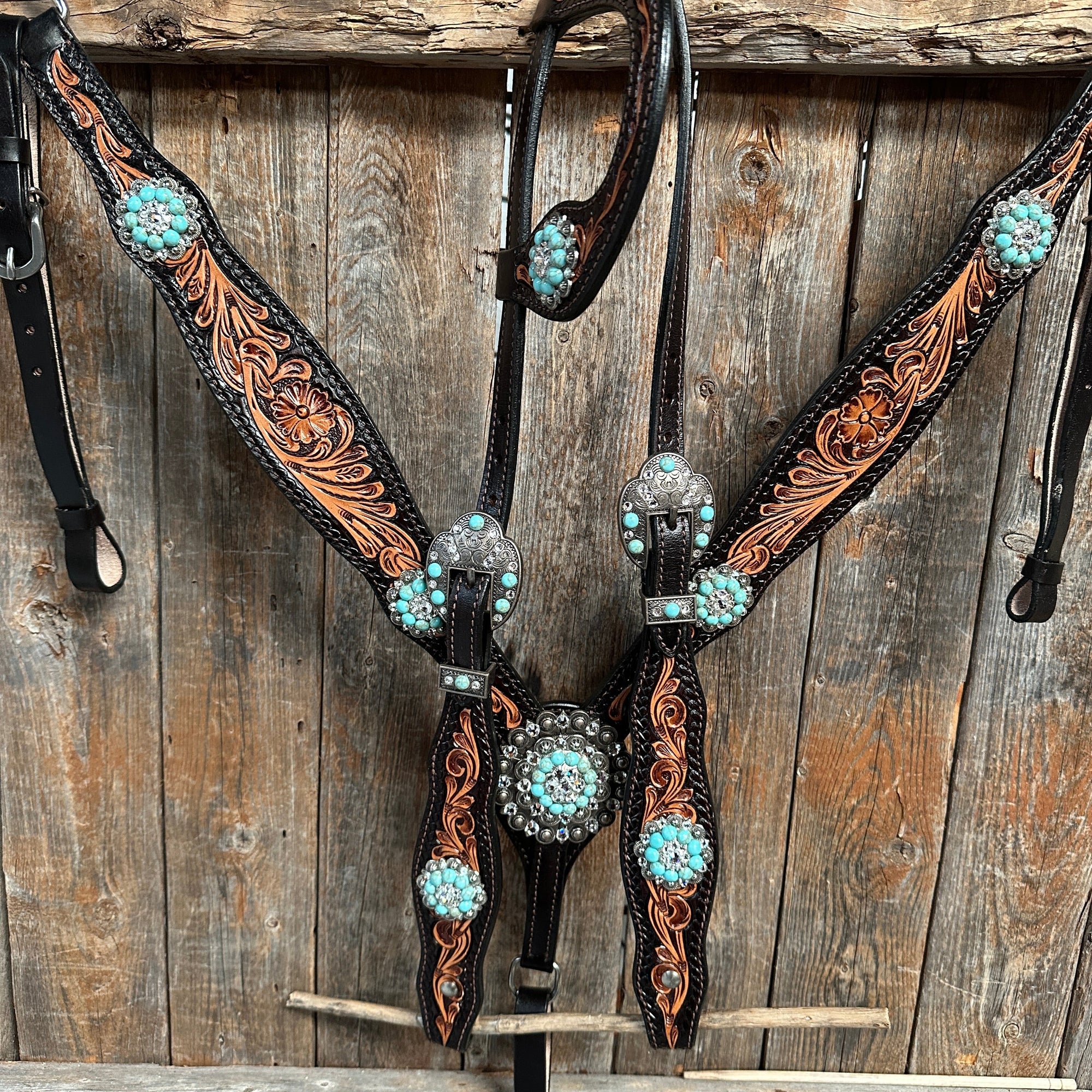 Two Tone Floral Turquoise &amp; Clear One Ear / Browband Breastcollar Tack Set 