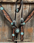 Two Tone Floral Turquoise & Clear One Ear / Browband Breastcollar Tack Set 
