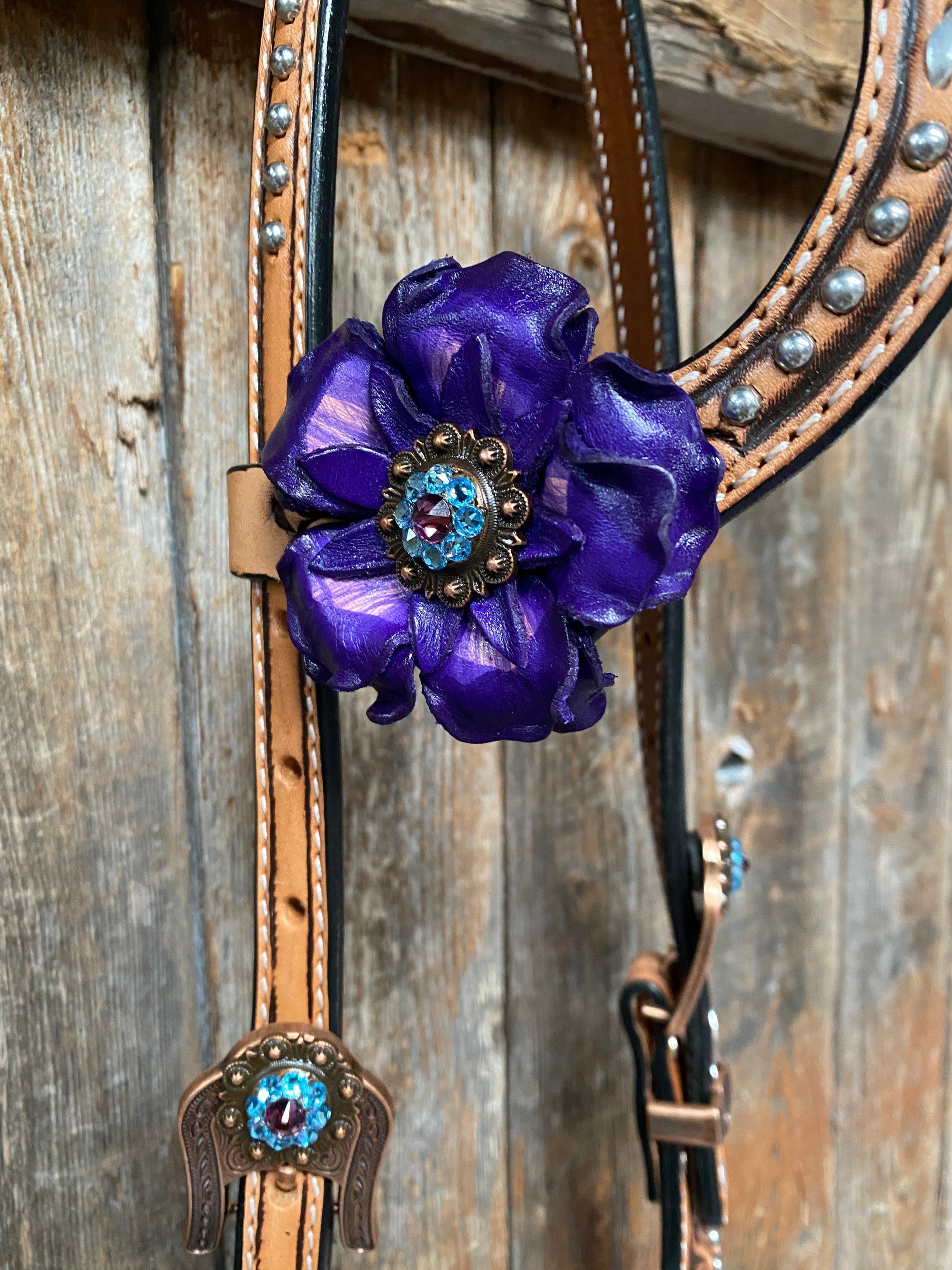 Light Oil Silver Dot Purple and Aqua One Ear &amp; Breastcollar Tack Set 