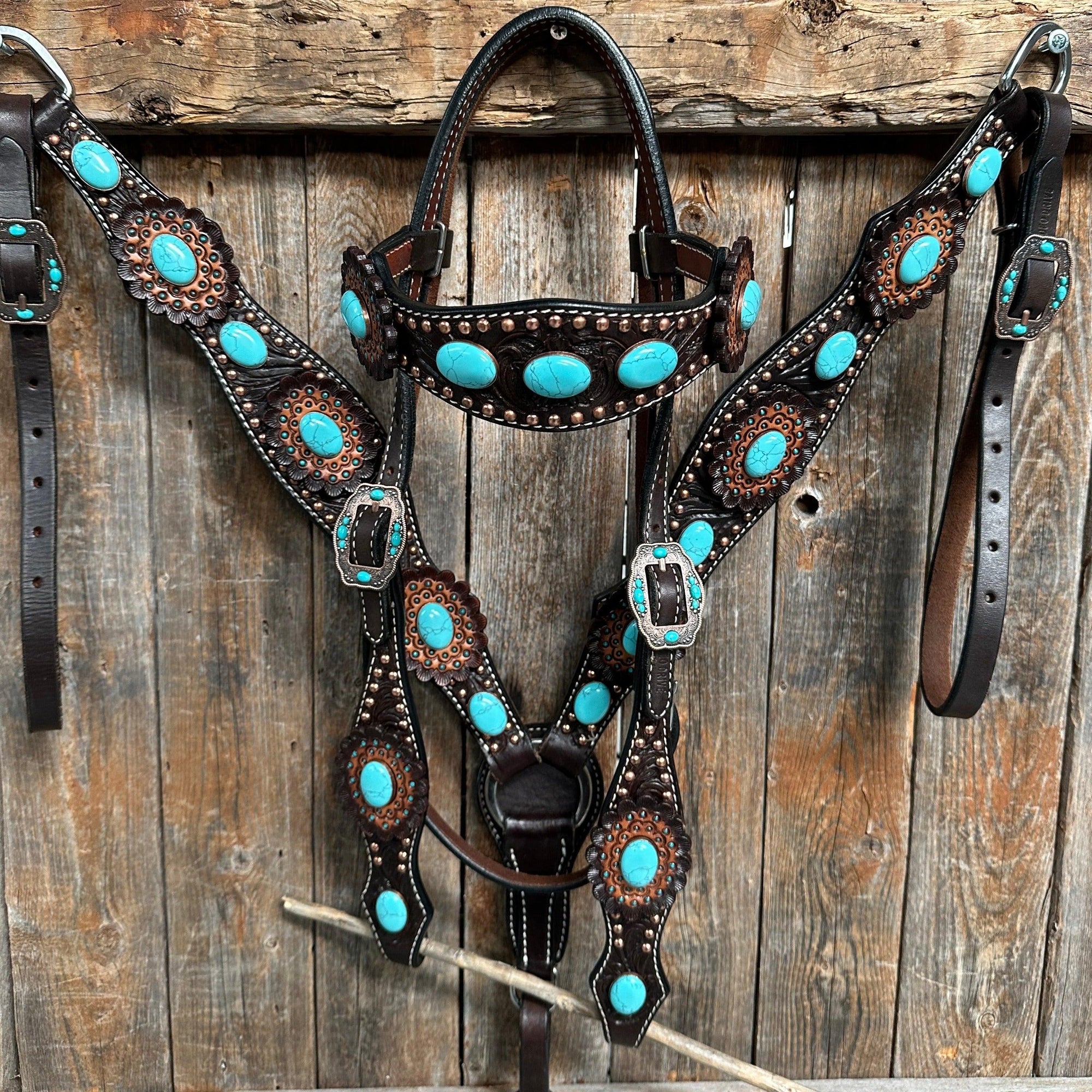 Dark Oil Floral Copper Dot Turquoise Cabochon Browband / Breastcollar Tack Set 