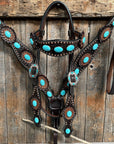 Dark Oil Floral Copper Dot Turquoise Cabochon Browband / Breastcollar Tack Set 