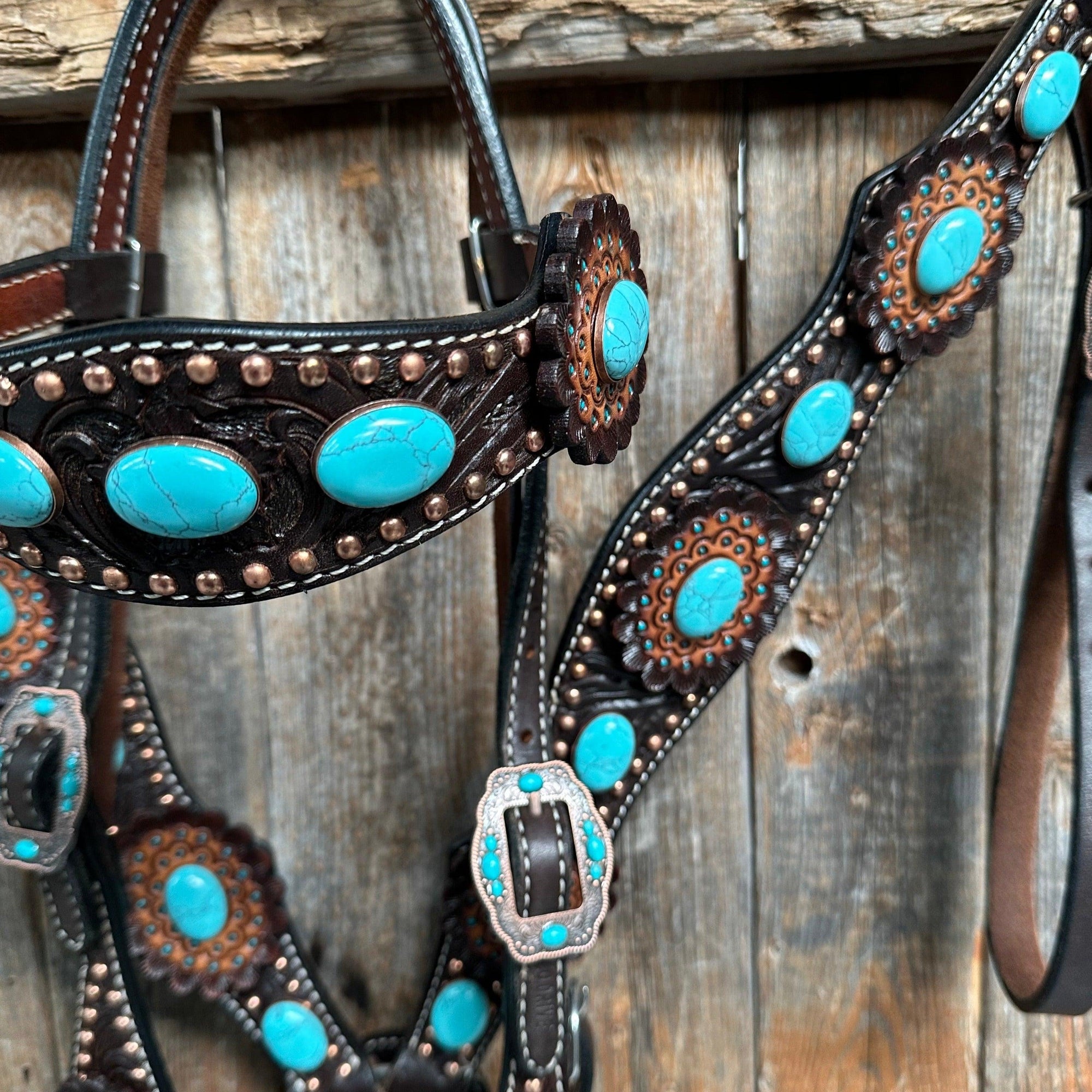 Dark Oil Floral Copper Dot Turquoise Cabochon Browband / Breastcollar Tack Set 