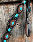Dark Oil Floral Copper Dot Turquoise Cabochon Browband / Breastcollar Tack Set 