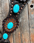 Dark Oil Floral Copper Dot Turquoise Cabochon Browband / Breastcollar Tack Set 