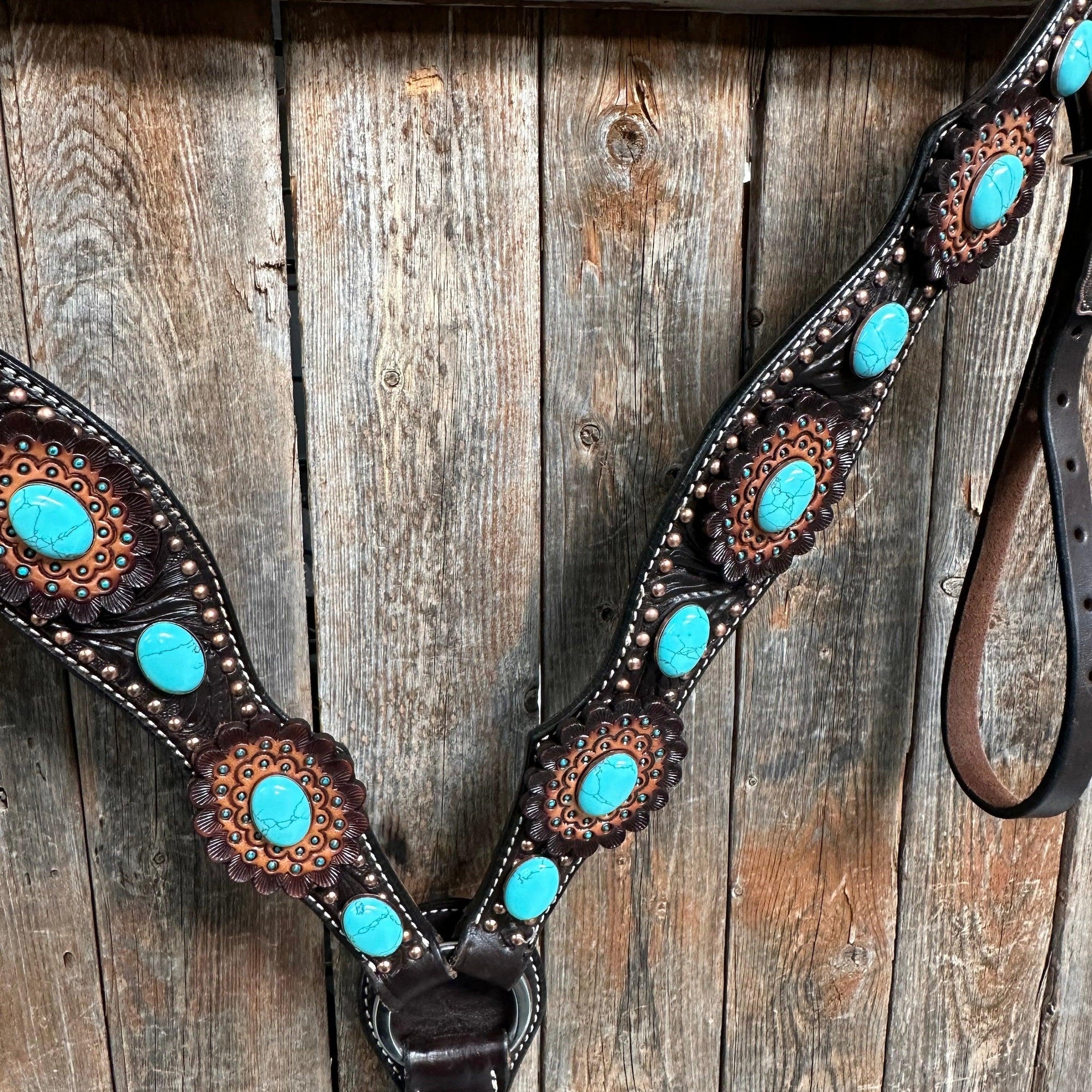 Dark Oil Floral Copper Dot Turquoise Cabochon Browband / Breastcollar Tack Set 