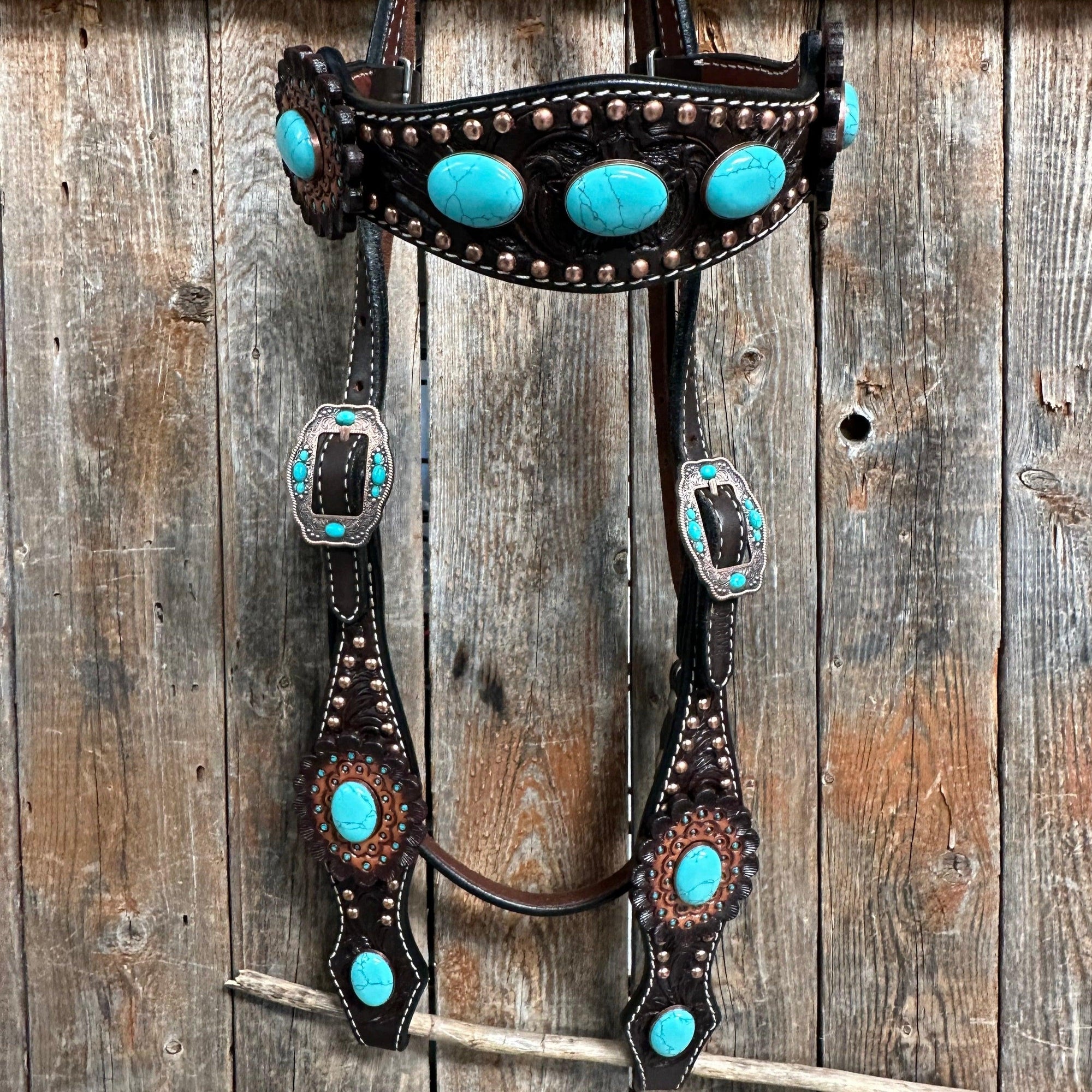 Dark Oil Floral Copper Dot Turquoise Cabochon Browband / Breastcollar Tack Set 