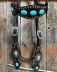 Dark Oil Floral Copper Dot Turquoise Cabochon Browband / Breastcollar Tack Set 