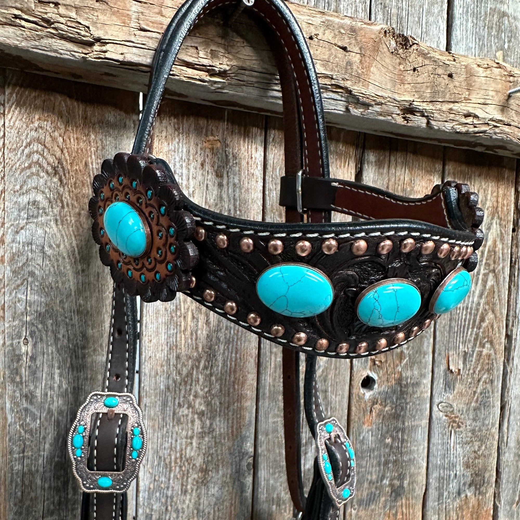 Dark Oil Floral Copper Dot Turquoise Cabochon Browband / Breastcollar Tack Set 