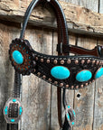 Dark Oil Floral Copper Dot Turquoise Cabochon Browband / Breastcollar Tack Set 
