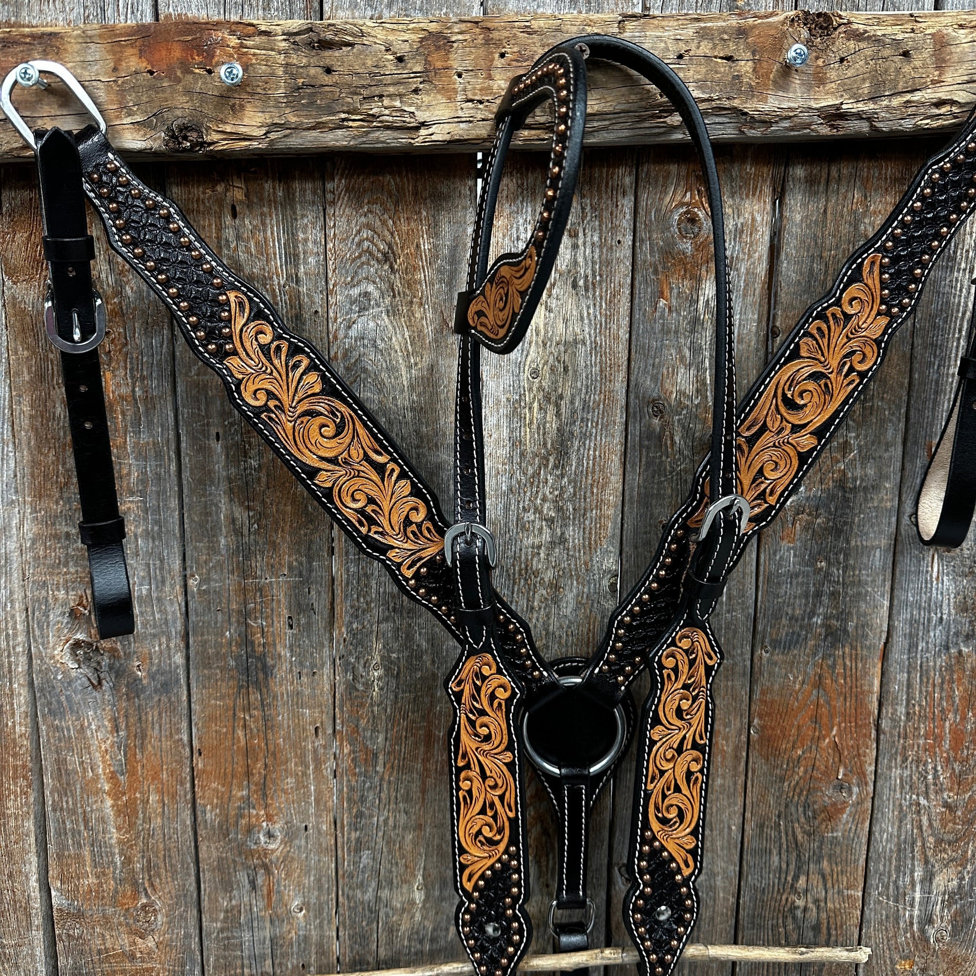 Copper Dot and Floral Headstall/Breastcollar Tack Set
