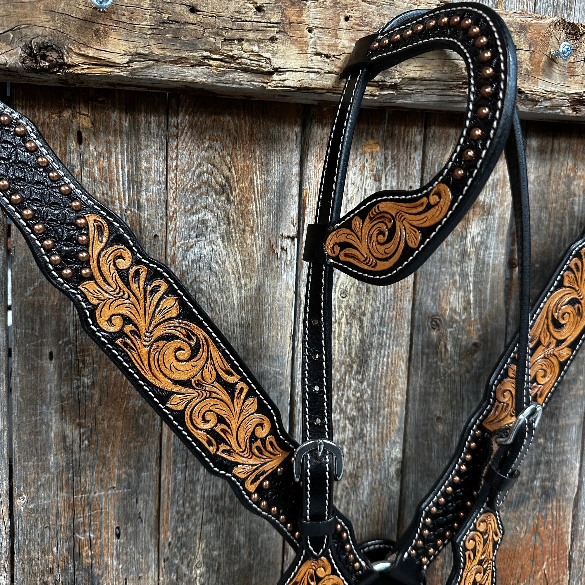 Copper Dot and Floral Headstall/Breastcollar Tack Set