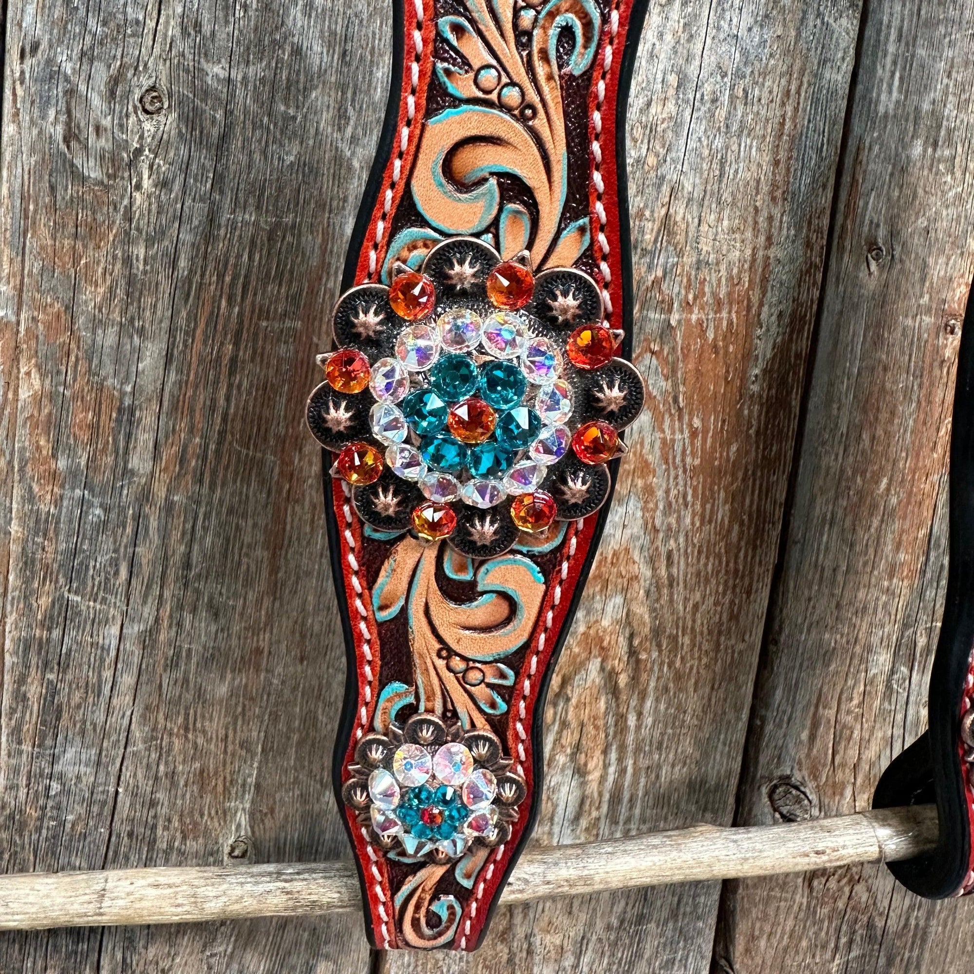Rust Triangle Fire Opal and Teal One Ear/ Breastcollar Tack Set 
