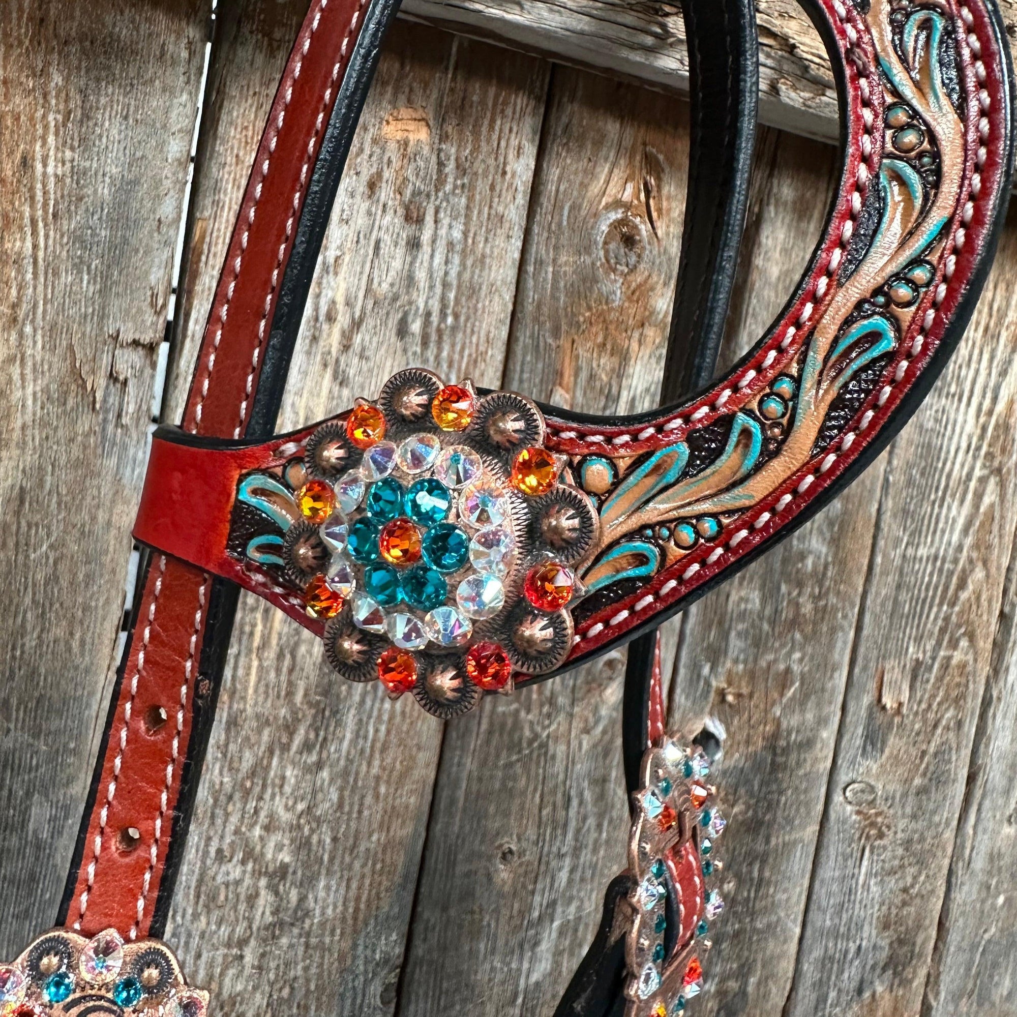 Rust Triangle Fire Opal and Teal One Ear/ Breastcollar Tack Set 