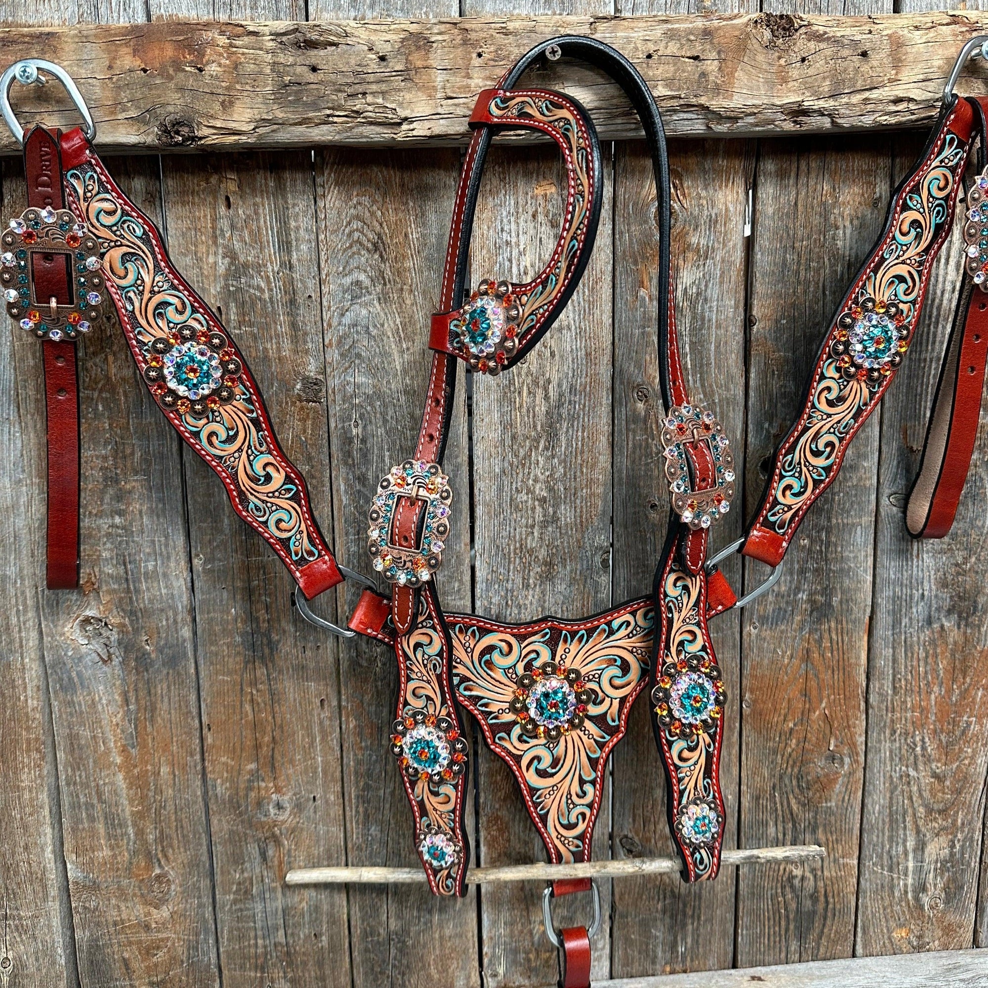 Rust Triangle Fire Opal and Teal One Ear/ Breastcollar Tack Set 