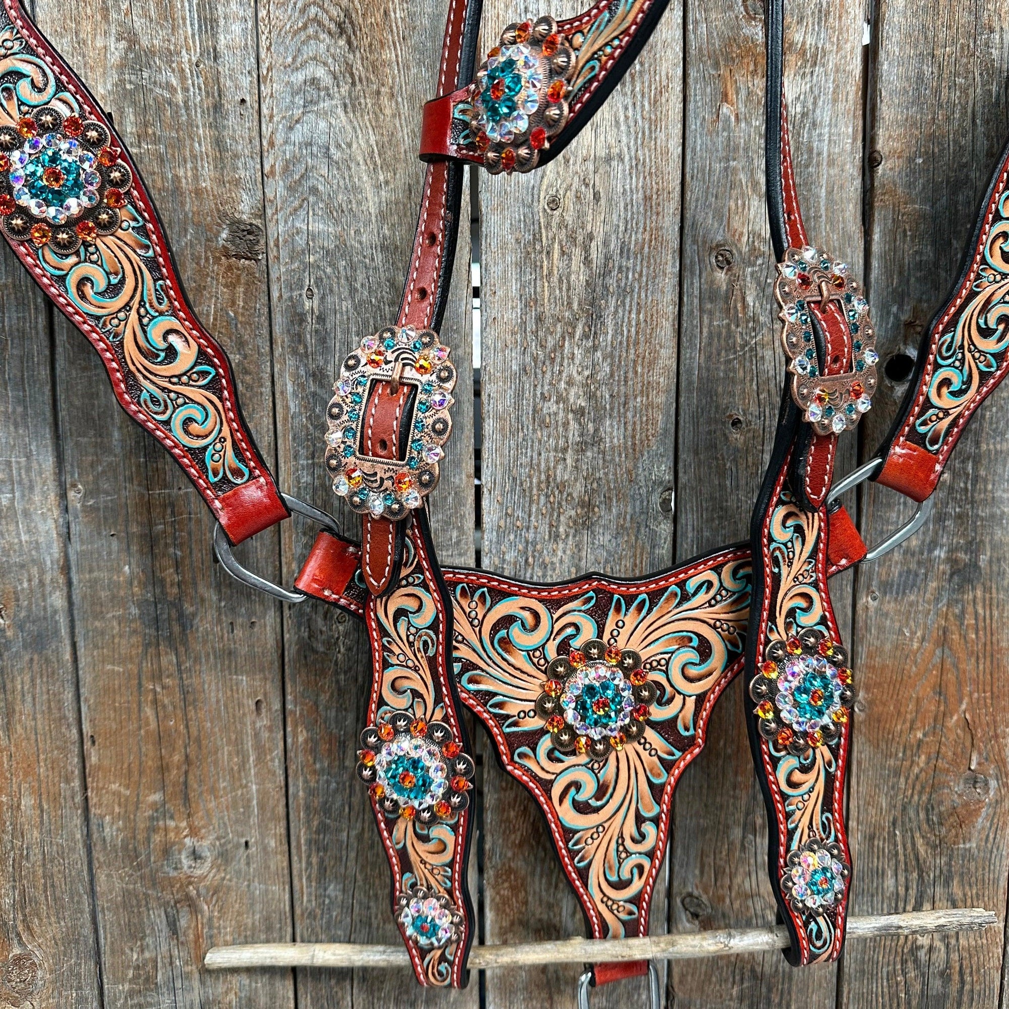 Rust Triangle Fire Opal and Teal One Ear/ Breastcollar Tack Set 