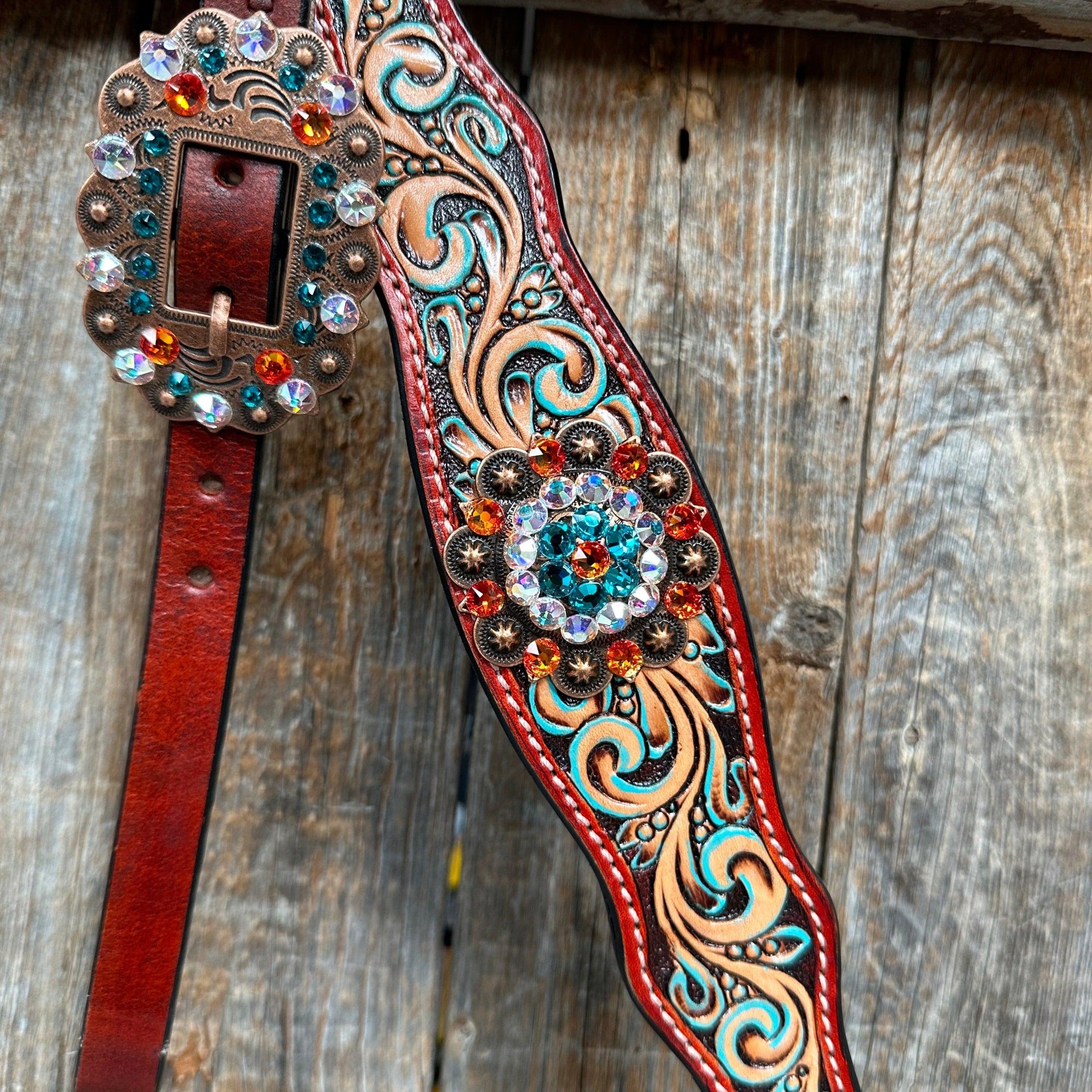 Rust Triangle Fire Opal and Teal One Ear/ Breastcollar Tack Set 