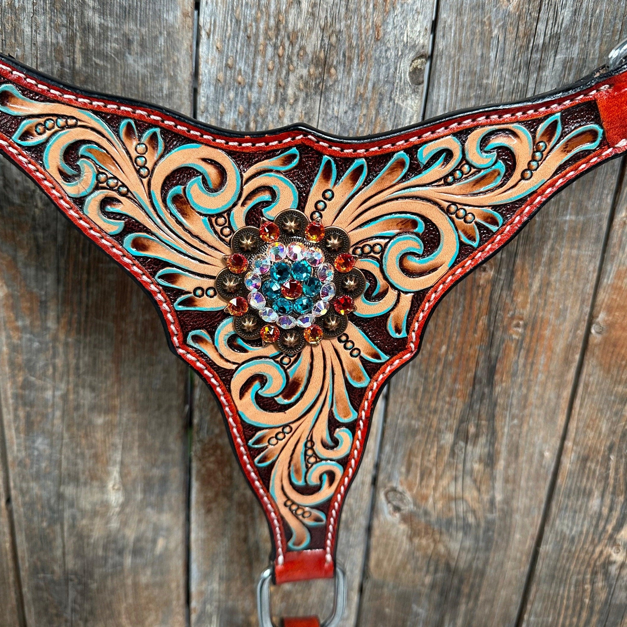 Rust Triangle Fire Opal and Teal One Ear/ Breastcollar Tack Set 