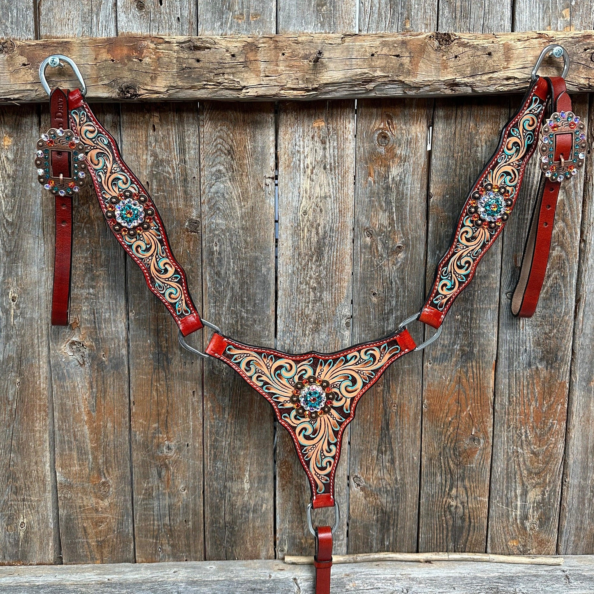 Rust Triangle Fire Opal and Teal One Ear/ Breastcollar Tack Set 
