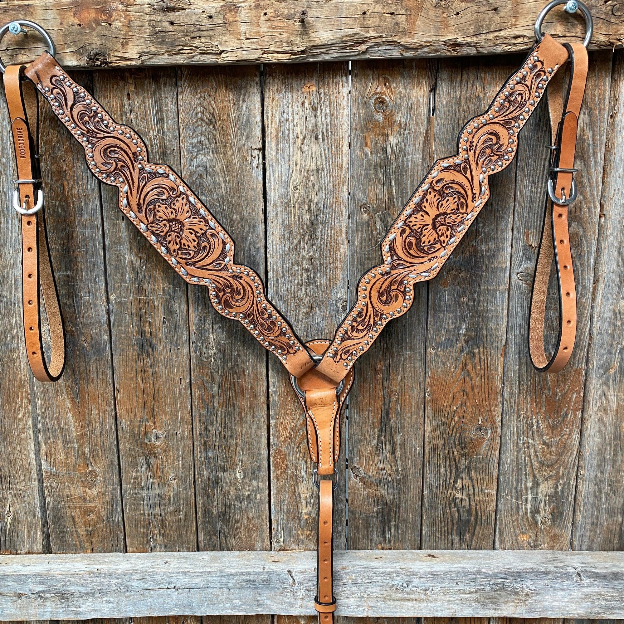 Light Oil Floral Tooled Silver Buckstitching &amp; Dots Breastcollar