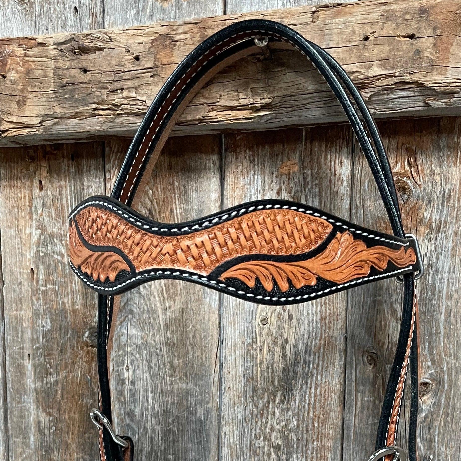 Basketweave - Leaf Scalloped Two Tone Browband Headstall/Bridle 