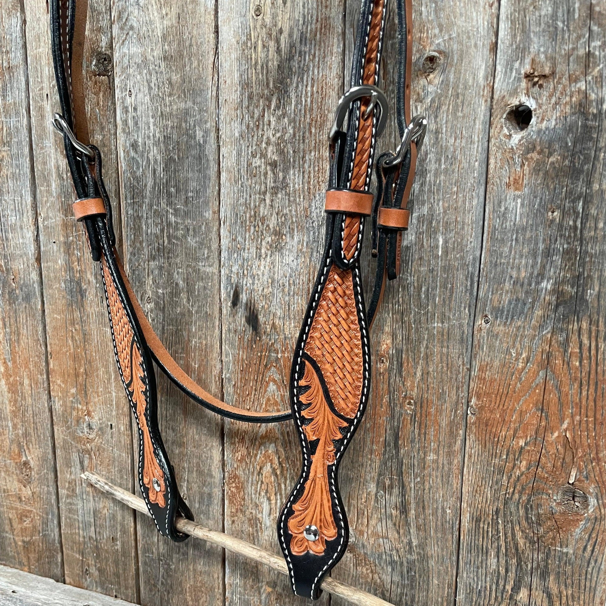 Basketweave - Leaf Scalloped Two Tone Browband Headstall/Bridle 