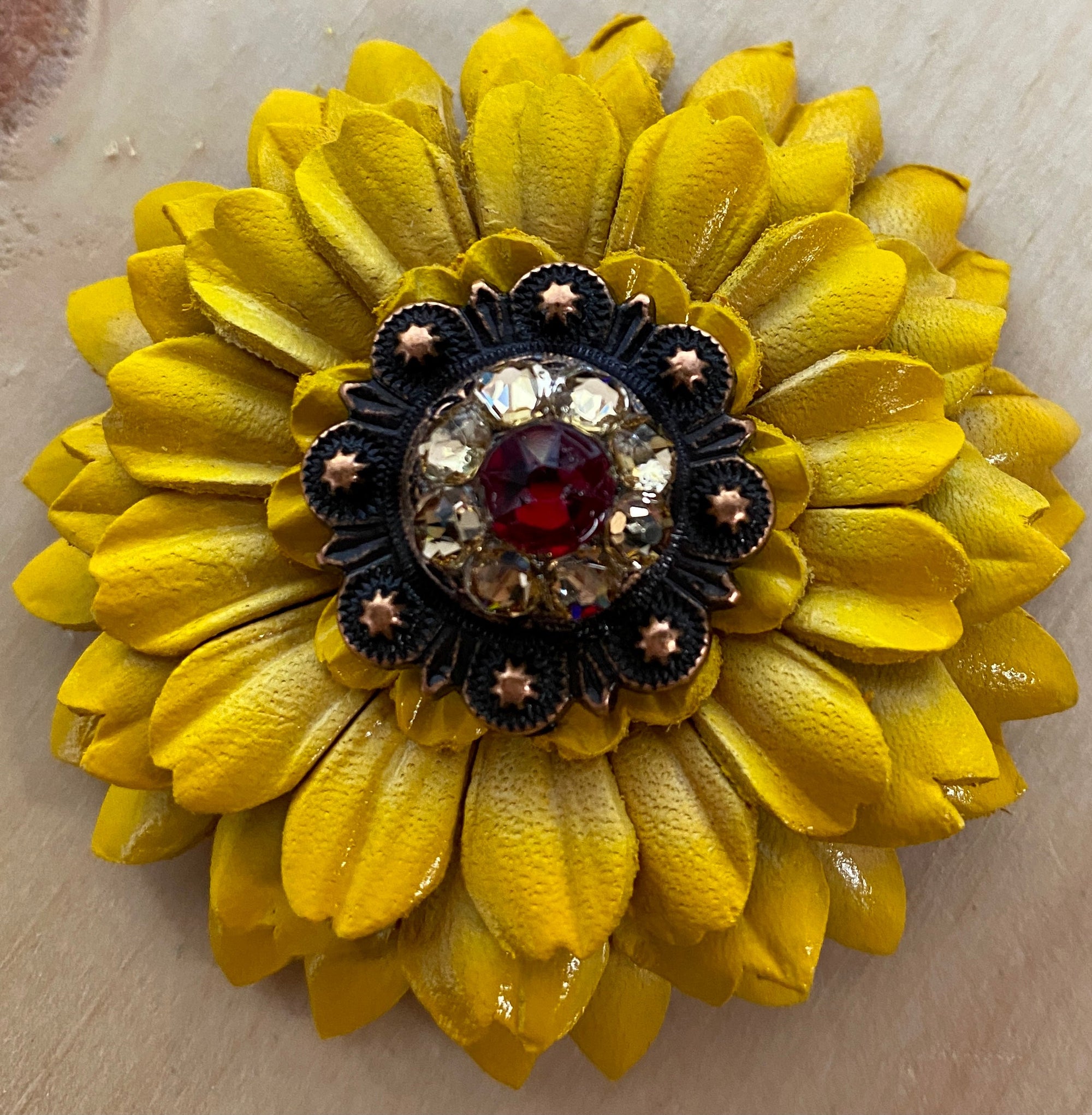 Yellow Daisy Leather Flowers - 1" Crystal Conchos - Options