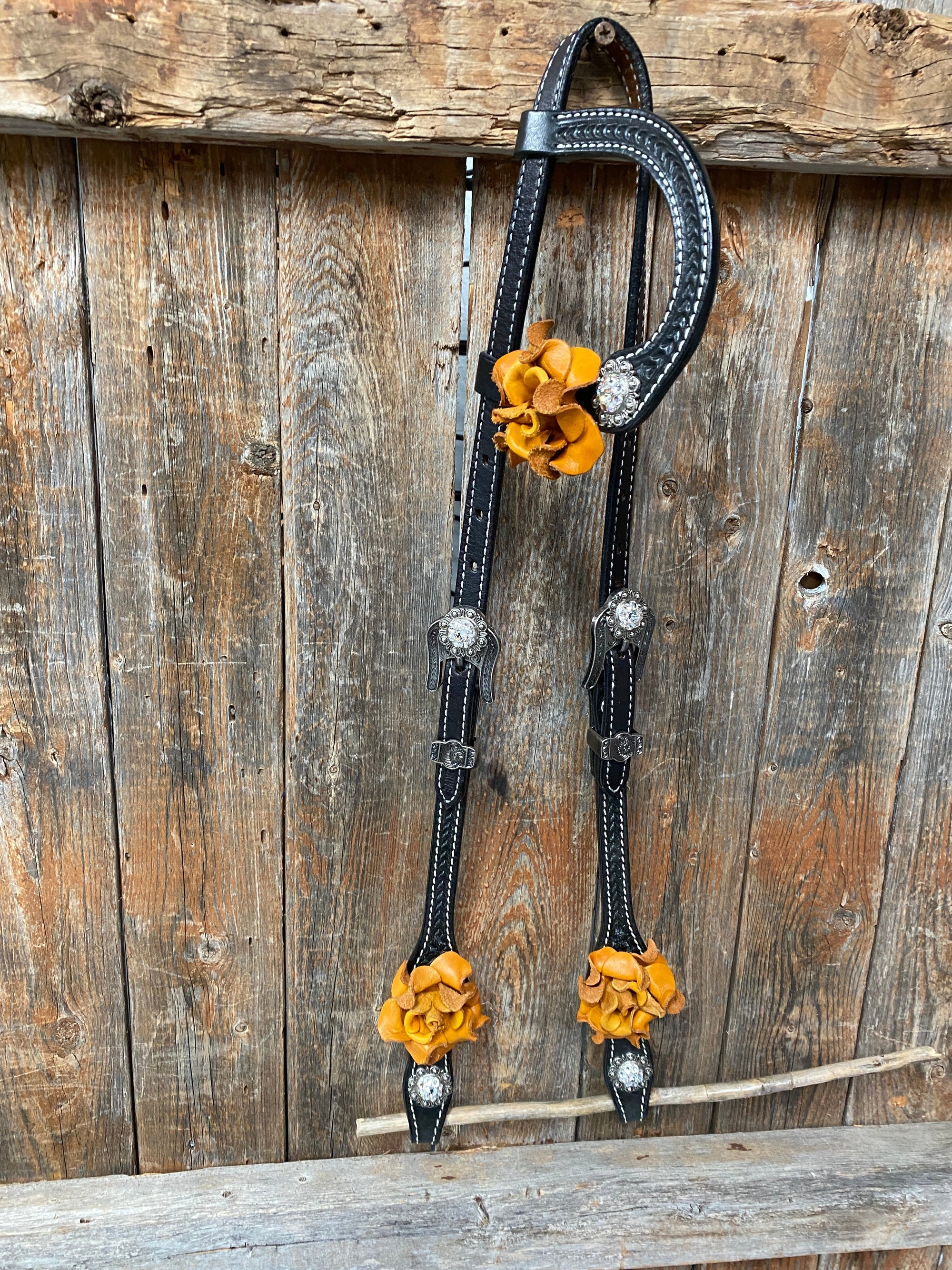 Black Basketweave Yellow and Clear Browband / One Ear Tack Set 