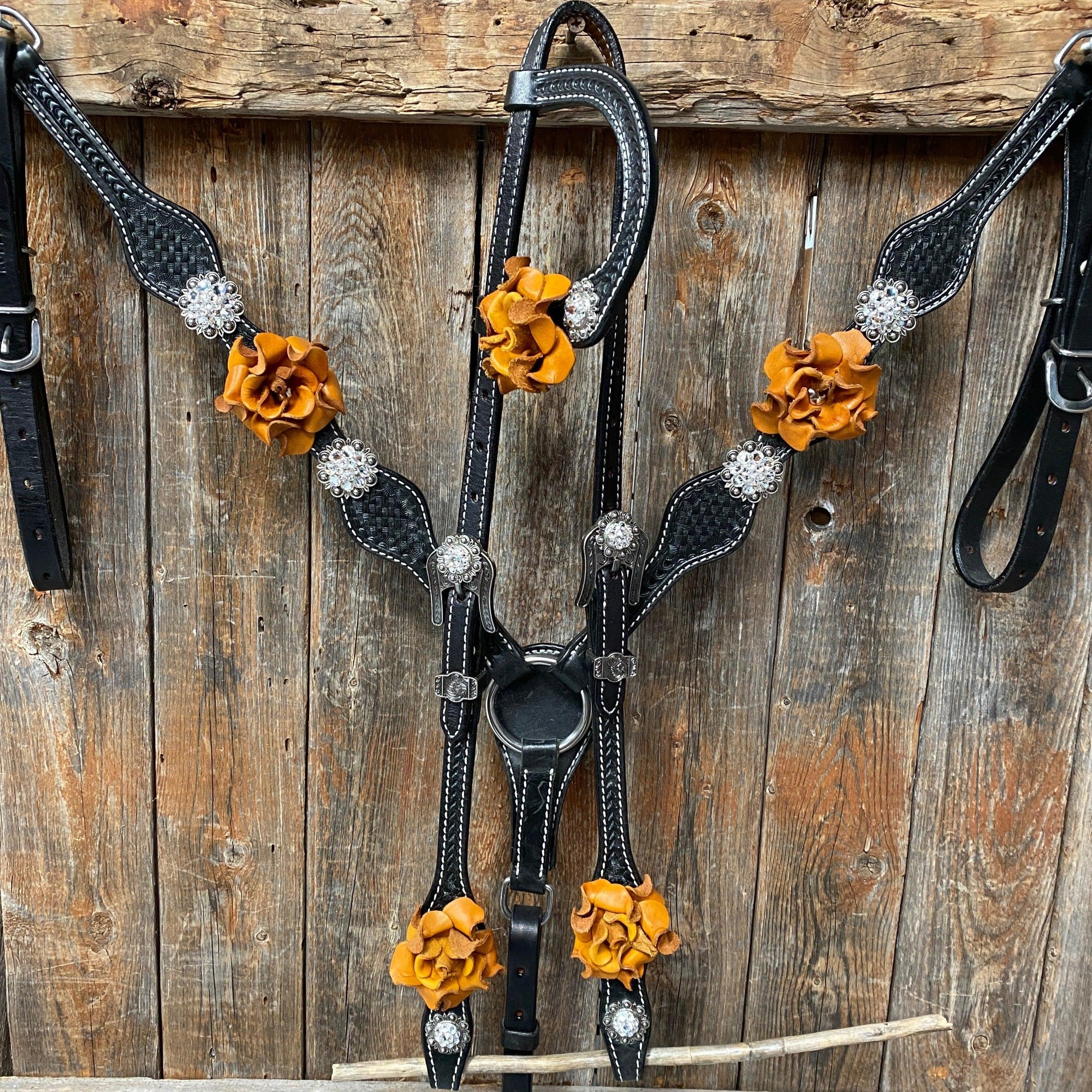 Black Basketweave Yellow and Clear Browband / One Ear Tack Set 