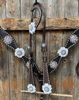 Dark Oil Buckstitch White Floral One Ear & Breastcollar Tack Set 