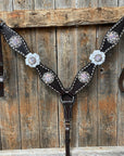 Dark Oil Buckstitch White Floral One Ear & Breastcollar Tack Set 
