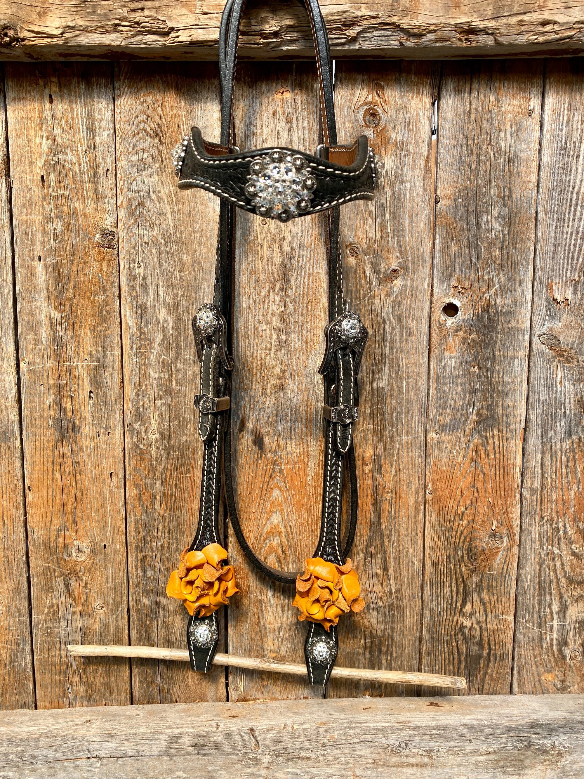 Black Basketweave Yellow and Clear Browband / One Ear Tack Set 