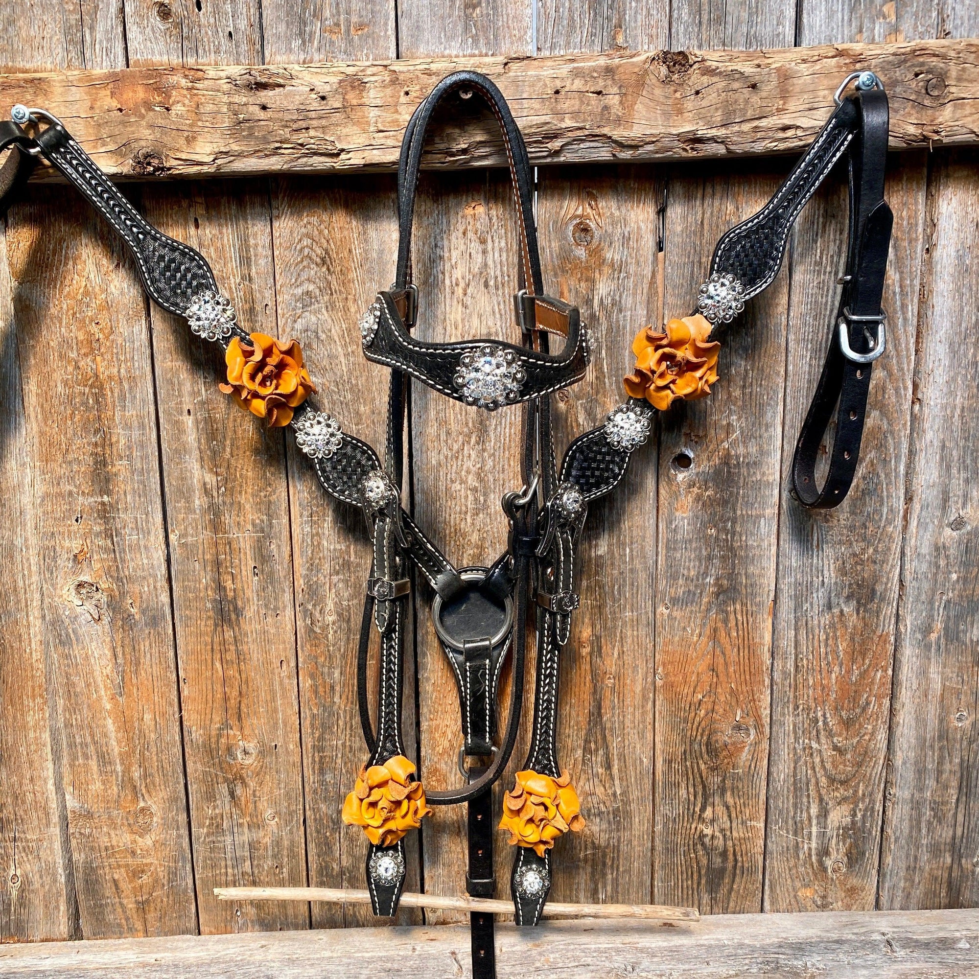 Black Basketweave Yellow and Clear Browband / One Ear Tack Set 