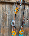 White Whipstitch Yellow and Turquoise Browband/One Ear Headstall & Breastcollar Tack Set 