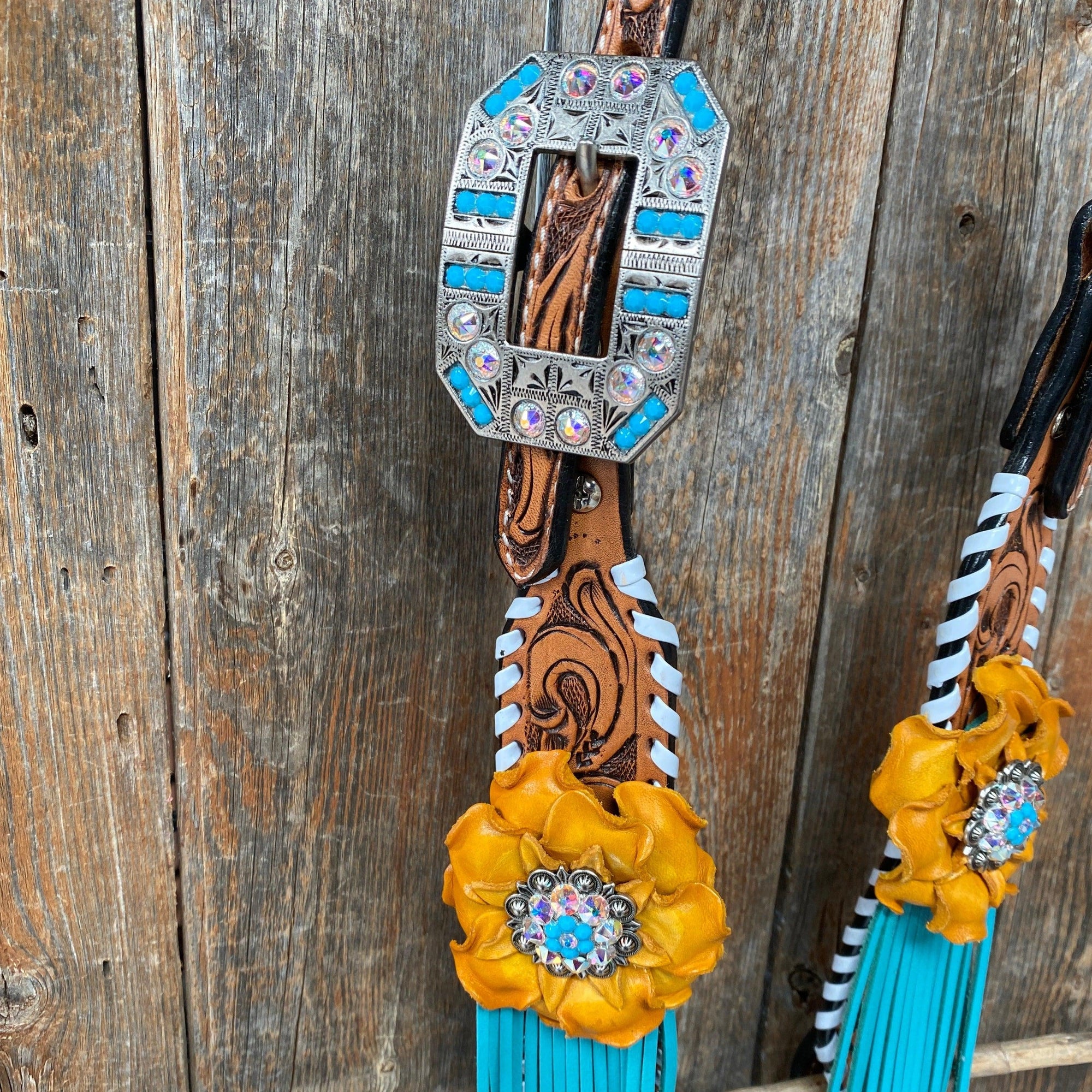 White Whipstitch Yellow and Turquoise Browband/One Ear Headstall &amp; Breastcollar Tack Set 