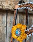 White Whipstitch Yellow and Turquoise Browband/One Ear Headstall & Breastcollar Tack Set 