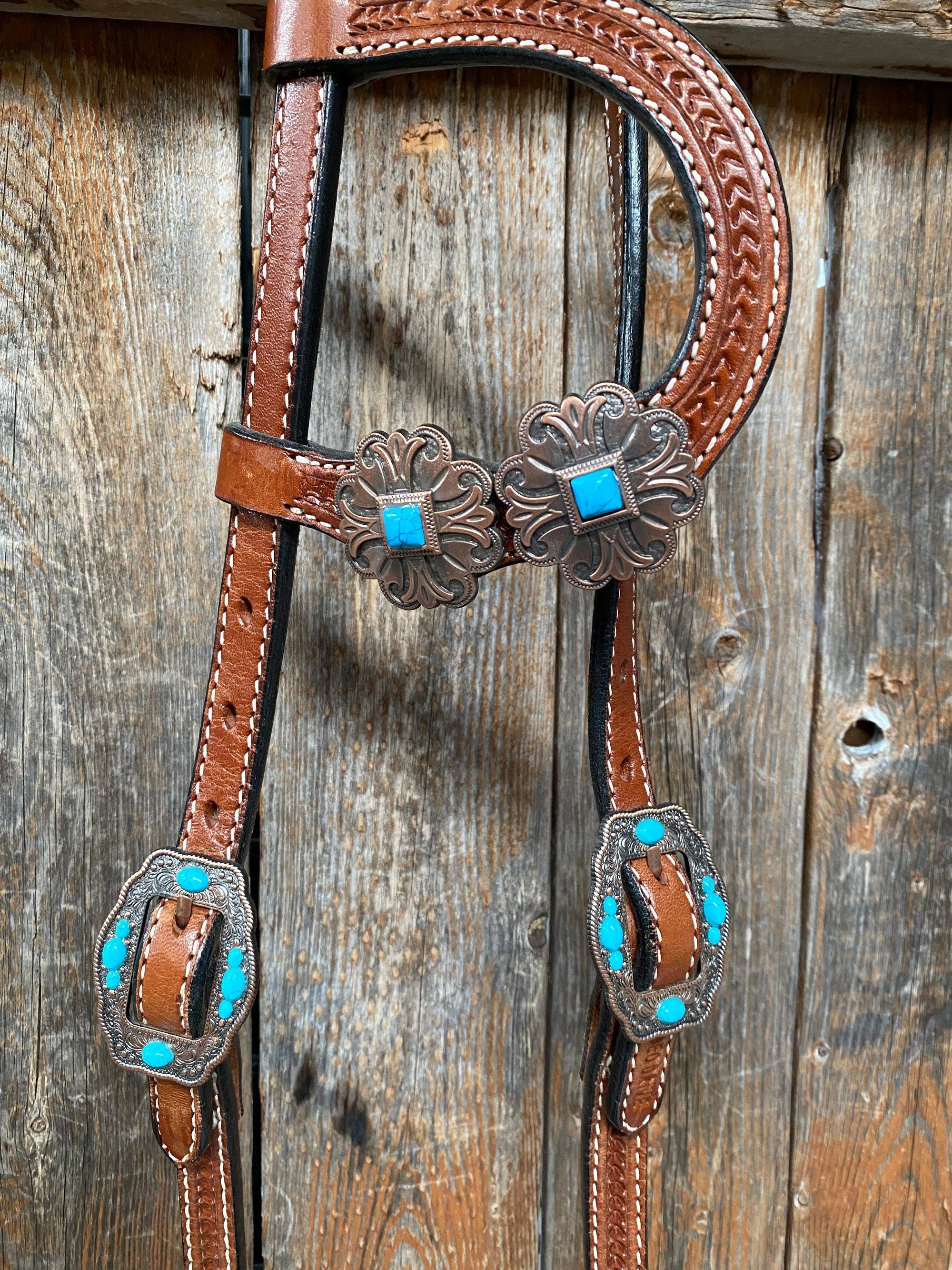 Medium Basketweave Turquoise One Ear &amp; Breastcollar Tack Set 