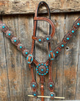 Medium Basketweave Turquoise One Ear & Breastcollar Tack Set 