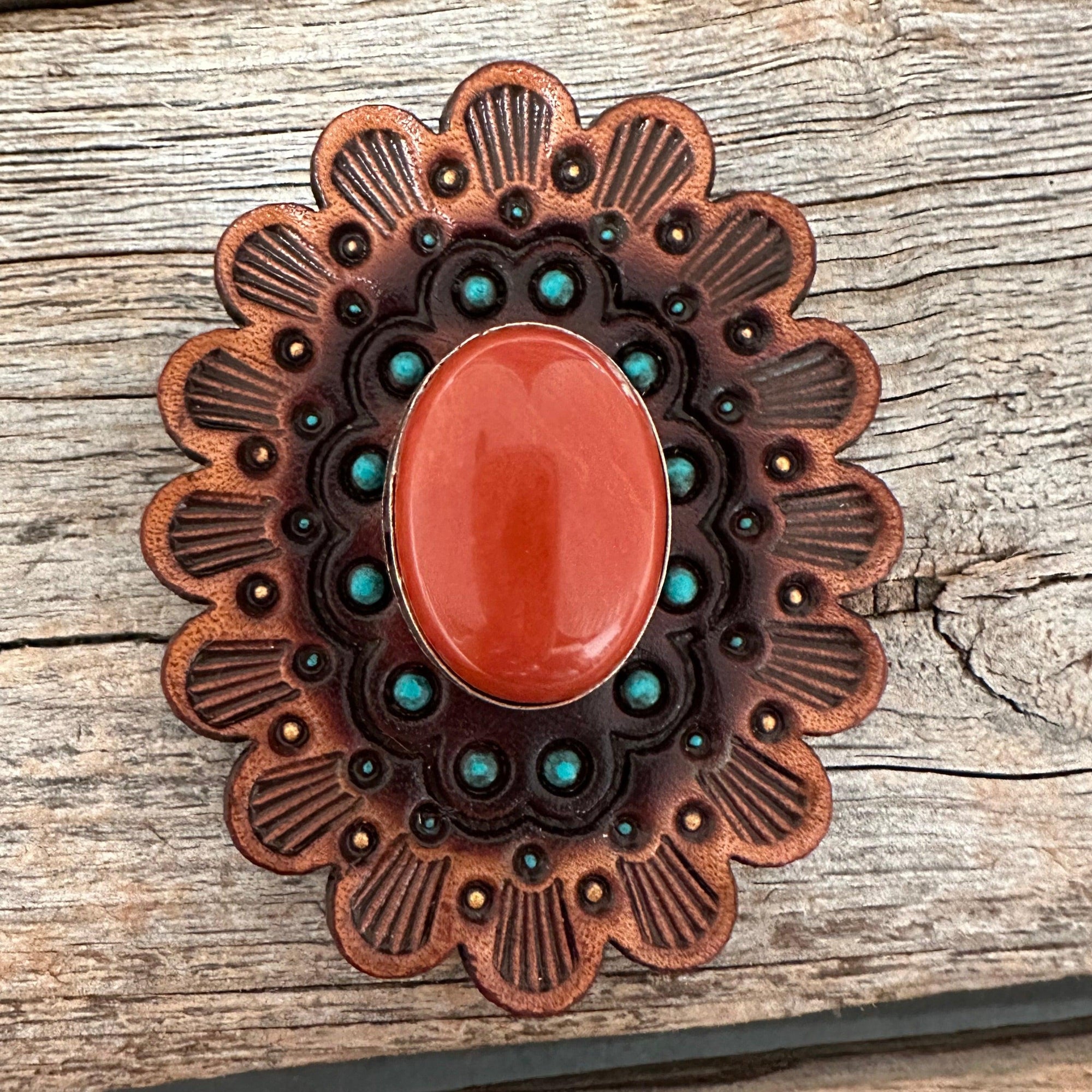 Leather Rosette Medium Oil Edges with Rust Cabochon Western Concho R107CABRU