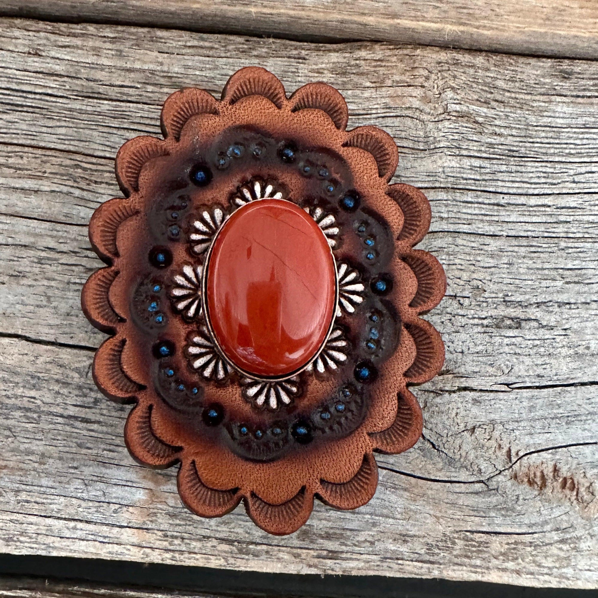 Leather Rosette with Rust Cabochon Western Concho R102CABRU