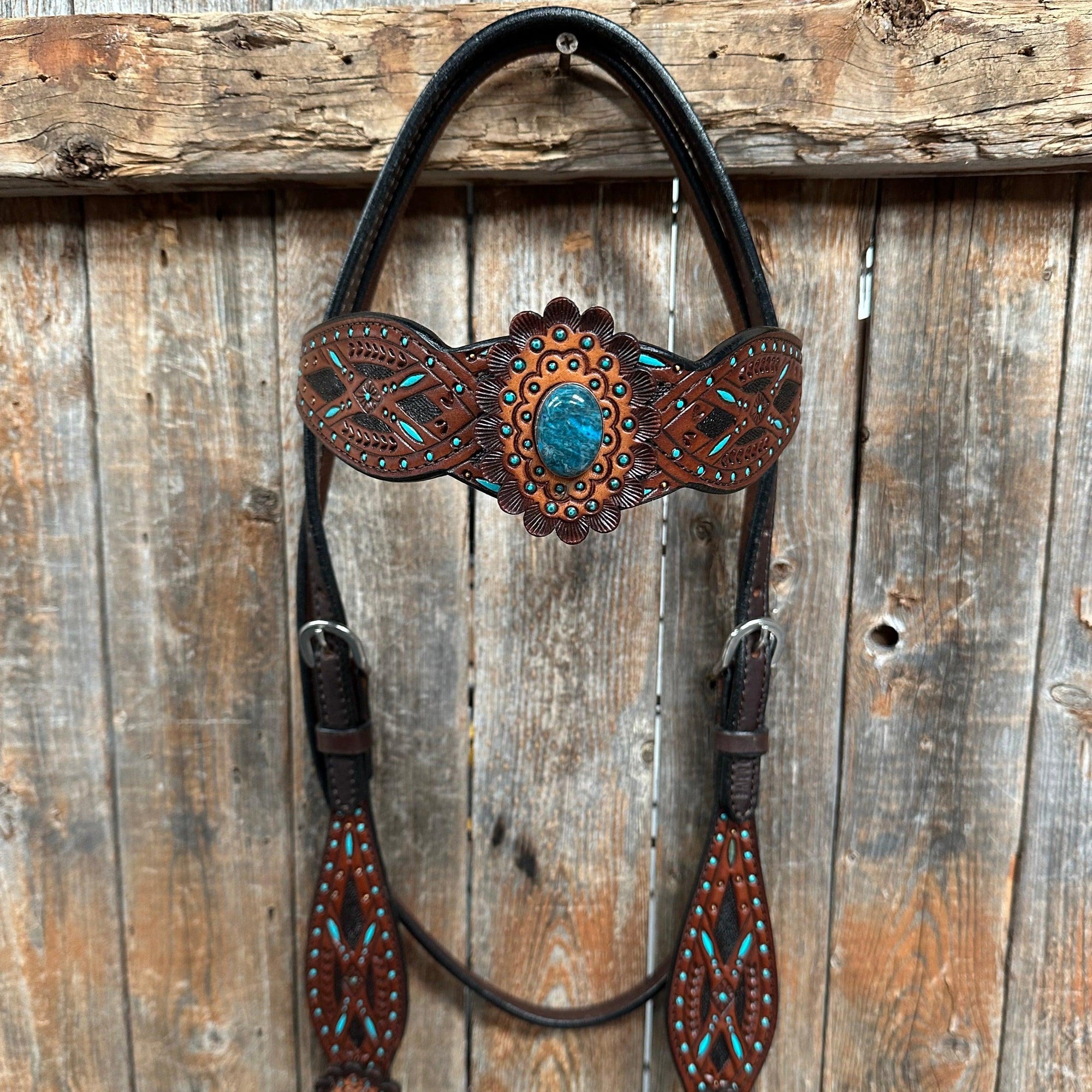 Dark Oil Hand Painted Blue Rosettes Browband/ Breastcollar Tack Set 