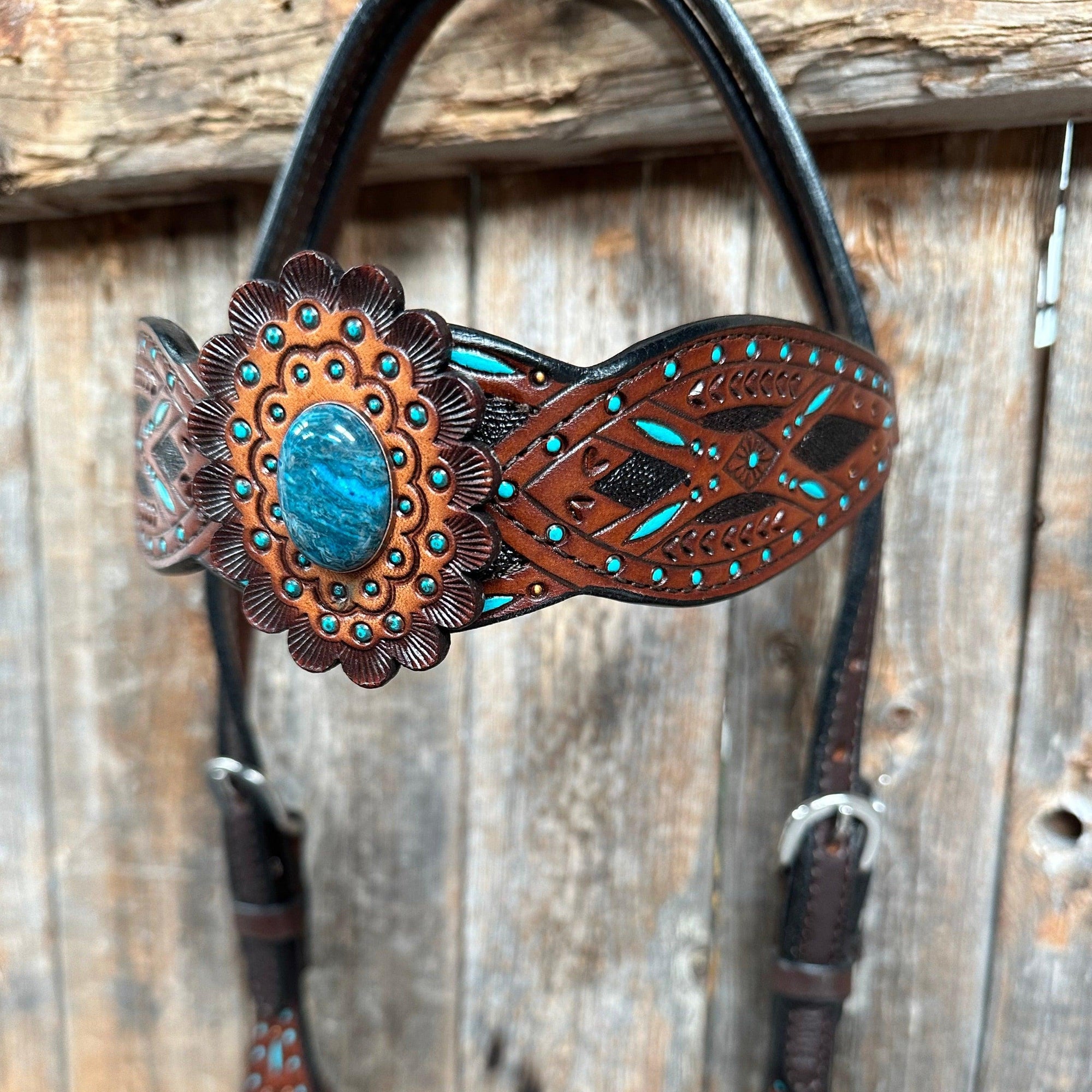 Dark Oil Hand Painted Blue Rosettes Browband/ Breastcollar Tack Set 