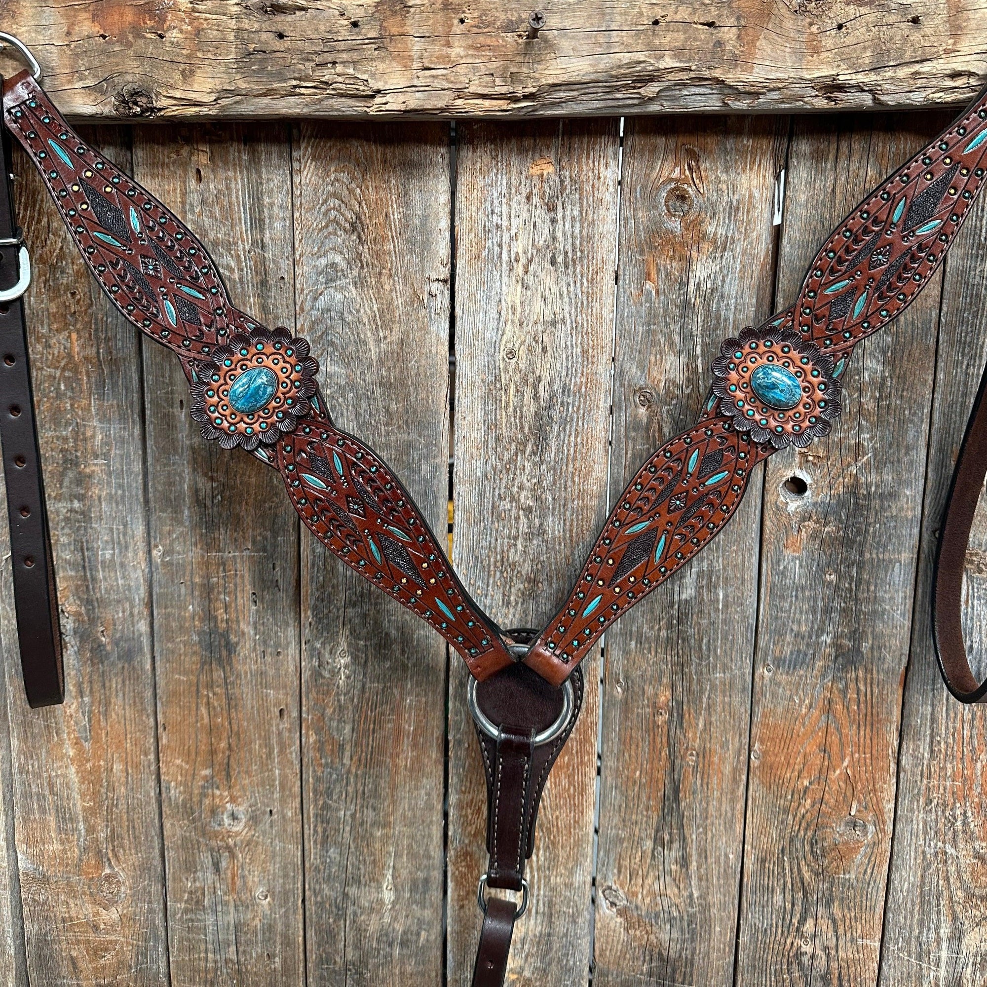 Dark Oil Hand Painted Blue Rosettes Browband/ Breastcollar Tack Set 