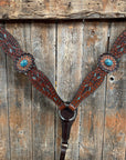 Dark Oil Hand Painted Blue Rosettes Browband/ Breastcollar Tack Set 