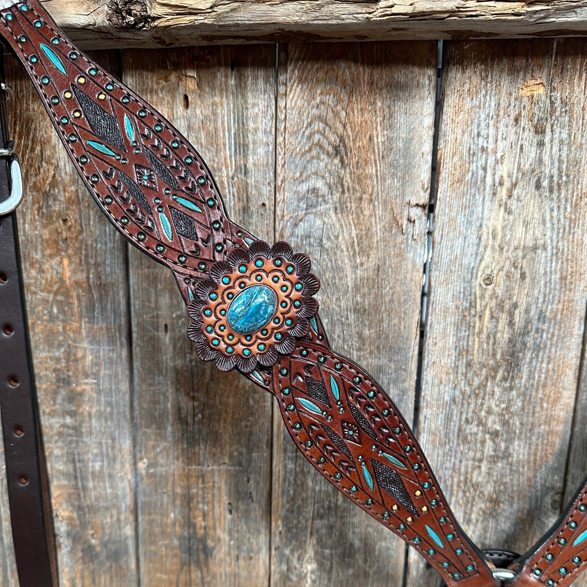 Dark Oil Hand Painted Blue Rosettes Browband/ Breastcollar Tack Set 
