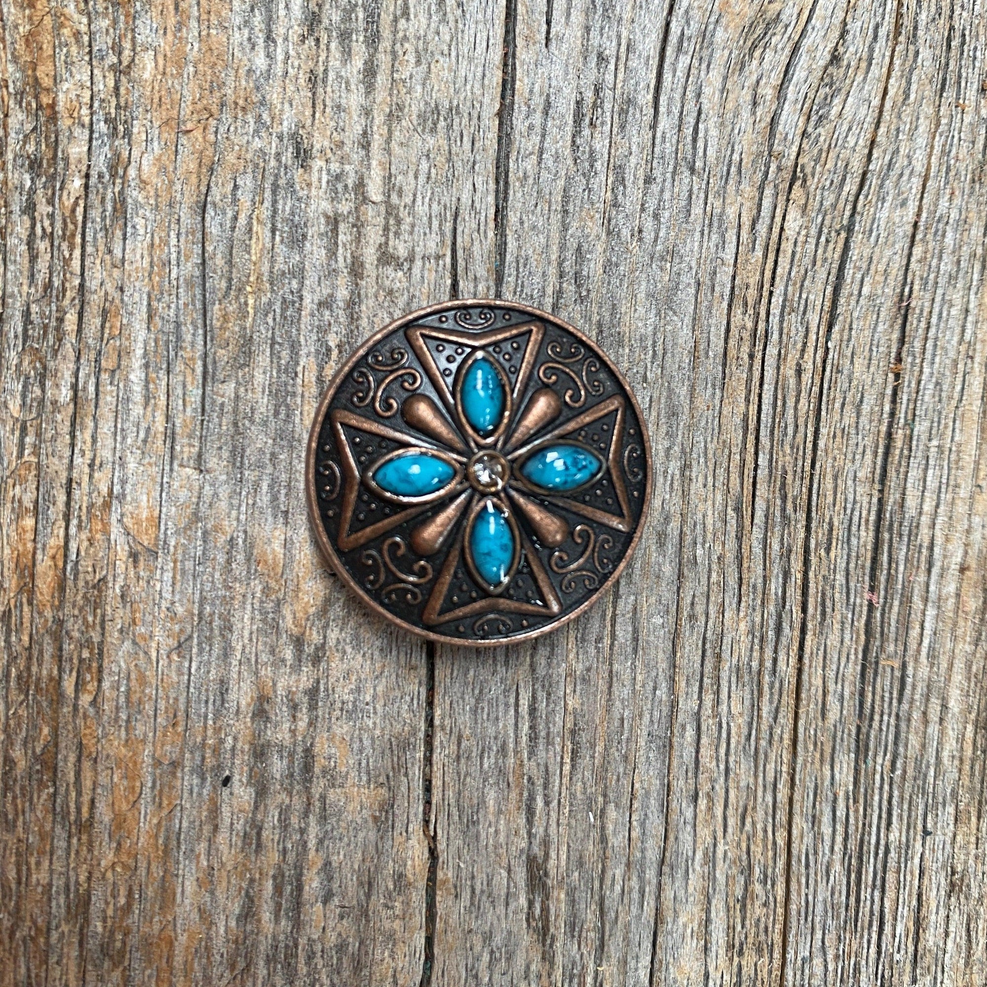 Copper Turquoise &amp; Clear Crystal Concho 1"  W138S