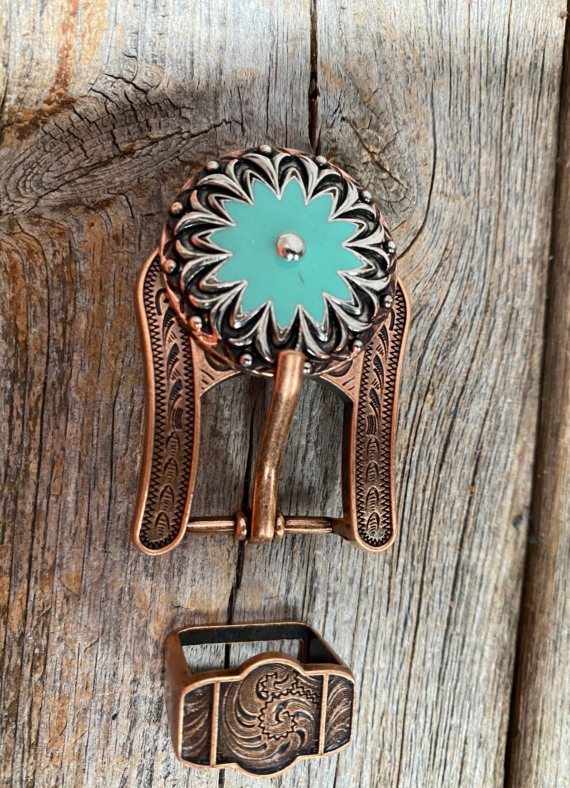 Copper &amp; Antique Silver Turquoise Flower Concho Buckle Adapter W122COBA