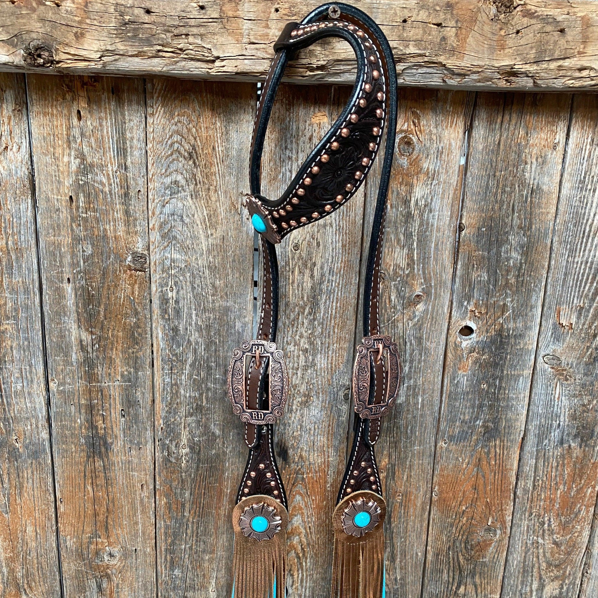 Dark Oil Copper Dot Turquoise Browband/One Ear Tack Set  