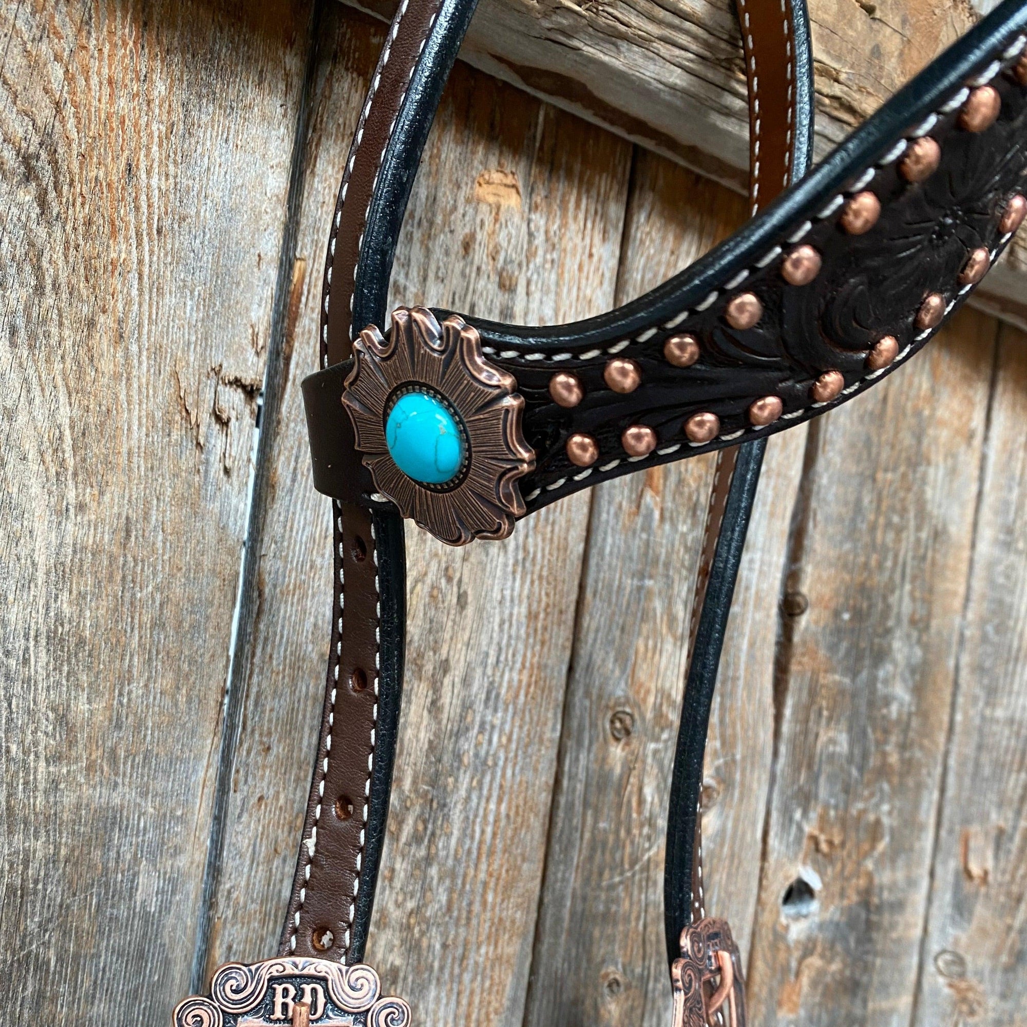 Dark Oil Copper Dot Turquoise Browband/One Ear Tack Set  